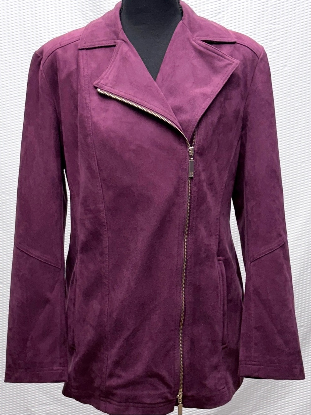 Chico’s Elongated Moto Jacket Women’s 2 Plum Shadow Faux Suede Zip Collared